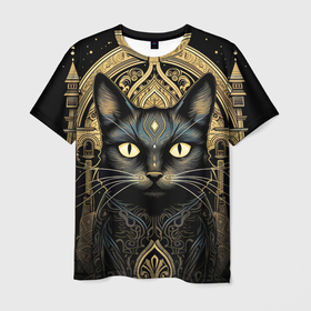 Мужская футболка 3D с принтом Черная кошка с золотыми узорами на черном в Белгороде, 100% полиэфир | прямой крой, круглый вырез горловины, длина до линии бедер | 