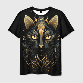 Мужская футболка 3D с принтом Черная кошка с золотыми узорами на  черном в Белгороде, 100% полиэфир | прямой крой, круглый вырез горловины, длина до линии бедер | 