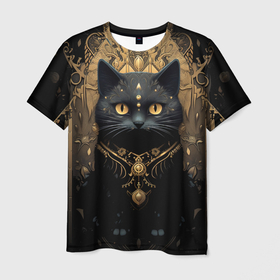 Мужская футболка 3D с принтом Черная кошка с золотыми узорами  на  черном в Белгороде, 100% полиэфир | прямой крой, круглый вырез горловины, длина до линии бедер | 
