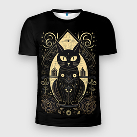 Мужская футболка 3D Slim с принтом Черная  кошка  с   золотыми узорами  на  черном в Санкт-Петербурге, 100% полиэстер с улучшенными характеристиками | приталенный силуэт, круглая горловина, широкие плечи, сужается к линии бедра | 