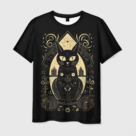 Мужская футболка 3D с принтом Черная  кошка  с   золотыми узорами  на  черном , 100% полиэфир | прямой крой, круглый вырез горловины, длина до линии бедер | 