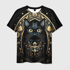Мужская футболка 3D с принтом Черная  кошка  с  золотыми узорами   на  черном в Белгороде, 100% полиэфир | прямой крой, круглый вырез горловины, длина до линии бедер | 