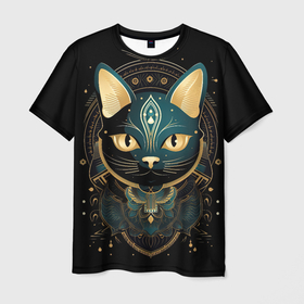 Мужская футболка 3D с принтом Черная  кошка  с  золотыми узорами на черном в Белгороде, 100% полиэфир | прямой крой, круглый вырез горловины, длина до линии бедер | 