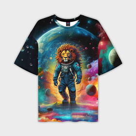 Мужская футболка oversize 3D с принтом Лев космонавт в неоновом космическом пространстве ,  |  | 