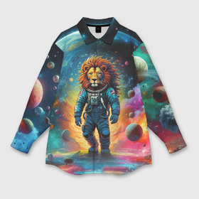 Мужская рубашка oversize 3D с принтом Лев космонавт в неоновом космическом пространстве ,  |  | 