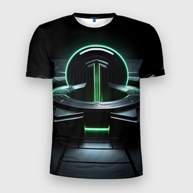 Мужская футболка 3D Slim с принтом Футуристическая  абстракция  с зеленым  неоновым светом в Екатеринбурге, 100% полиэстер с улучшенными характеристиками | приталенный силуэт, круглая горловина, широкие плечи, сужается к линии бедра | 