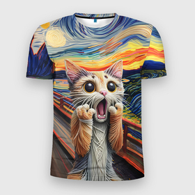 Мужская футболка 3D Slim с принтом Кот крик вязаный арт в Екатеринбурге, 100% полиэстер с улучшенными характеристиками | приталенный силуэт, круглая горловина, широкие плечи, сужается к линии бедра | Тематика изображения на принте: cat | вязаные | вязаный кот | картина | кот | котик | котики | коты | котэ | кошак | крик | мем | приколы