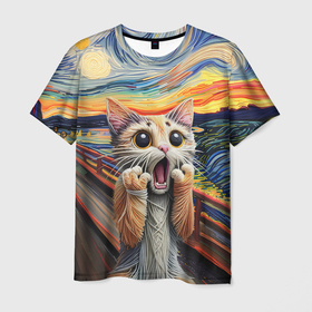 Мужская футболка 3D с принтом Кот крик вязаный арт , 100% полиэфир | прямой крой, круглый вырез горловины, длина до линии бедер | cat | вязаные | вязаный кот | картина | кот | котик | котики | коты | котэ | кошак | крик | мем | приколы