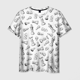 Мужская футболка 3D с принтом Много шахматных фигур на белом паттерны в Тюмени, 100% полиэфир | прямой крой, круглый вырез горловины, длина до линии бедер | 
