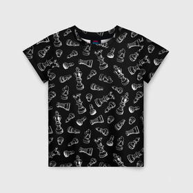 Детская футболка 3D с принтом Много шахматных фигур на черном паттерне в Кировске, 100% гипоаллергенный полиэфир | прямой крой, круглый вырез горловины, длина до линии бедер, чуть спущенное плечо, ткань немного тянется | 