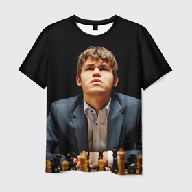 Мужская футболка 3D с принтом Магнус Карлсен думает , 100% полиэфир | прямой крой, круглый вырез горловины, длина до линии бедер | Тематика изображения на принте: 