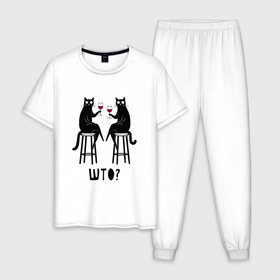 Мужская пижама хлопок с принтом Смешные кошки с вином прикол в Екатеринбурге, 100% хлопок | брюки и футболка прямого кроя, без карманов, на брюках мягкая резинка на поясе и по низу штанин
 | 