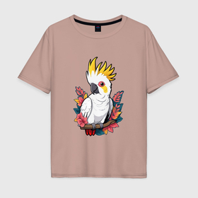 Мужская футболка хлопок Oversize с принтом Попугай какаду на ветке с листьями в Курске, 100% хлопок | свободный крой, круглый ворот, “спинка” длиннее передней части | 