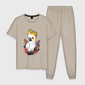 Мужская пижама хлопок с принтом Попугай какаду на ветке с листьями в Кировске, 100% хлопок | брюки и футболка прямого кроя, без карманов, на брюках мягкая резинка на поясе и по низу штанин
 | 
