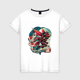 Женская футболка хлопок с принтом Летучая рыба космонавт в японском стиле в Санкт-Петербурге, 100% хлопок | прямой крой, круглый вырез горловины, длина до линии бедер, слегка спущенное плечо | 