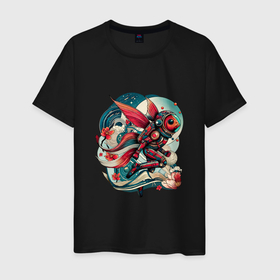 Мужская футболка хлопок с принтом Летучая рыба космонавт в японском стиле в Санкт-Петербурге, 100% хлопок | прямой крой, круглый вырез горловины, длина до линии бедер, слегка спущенное плечо. | 