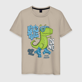 Мужская футболка хлопок с принтом Динозавр на роликах в Санкт-Петербурге, 100% хлопок | прямой крой, круглый вырез горловины, длина до линии бедер, слегка спущенное плечо. | 