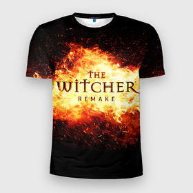 Мужская футболка 3D Slim с принтом The Witcher Remake в пламени огня в Петрозаводске, 100% полиэстер с улучшенными характеристиками | приталенный силуэт, круглая горловина, широкие плечи, сужается к линии бедра | Тематика изображения на принте: 