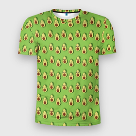 Мужская футболка 3D Slim с принтом Весёлый авокадо на зелёном фоне , 100% полиэстер с улучшенными характеристиками | приталенный силуэт, круглая горловина, широкие плечи, сужается к линии бедра | Тематика изображения на принте: 