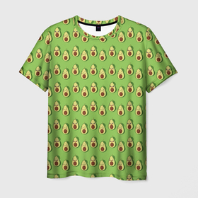 Мужская футболка 3D с принтом Весёлый авокадо на зелёном фоне в Курске, 100% полиэфир | прямой крой, круглый вырез горловины, длина до линии бедер | 