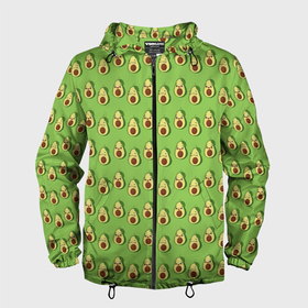 Мужская ветровка 3D с принтом Весёлый авокадо на зелёном фоне в Екатеринбурге, 100% полиэстер | подол и капюшон оформлены резинкой с фиксаторами, два кармана без застежек по бокам, один потайной карман на груди | 