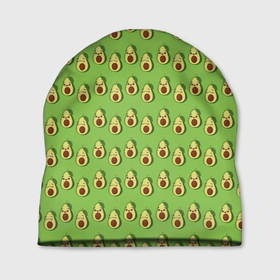 Шапка 3D с принтом Весёлый авокадо на зелёном фоне , 100% полиэстер | универсальный размер, печать по всей поверхности изделия | Тематика изображения на принте: 