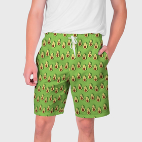 Мужские шорты 3D с принтом Весёлый авокадо на зелёном фоне в Тюмени,  полиэстер 100% | прямой крой, два кармана без застежек по бокам. Мягкая трикотажная резинка на поясе, внутри которой широкие завязки. Длина чуть выше колен | 