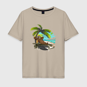 Мужская футболка хлопок Oversize с принтом Ленивец под пальмой в Тюмени, 100% хлопок | свободный крой, круглый ворот, “спинка” длиннее передней части | 