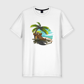 Мужская футболка хлопок Slim с принтом Ленивец под пальмой в Курске, 92% хлопок, 8% лайкра | приталенный силуэт, круглый вырез ворота, длина до линии бедра, короткий рукав | 