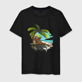 Мужская футболка хлопок с принтом Ленивец под пальмой в Курске, 100% хлопок | прямой крой, круглый вырез горловины, длина до линии бедер, слегка спущенное плечо. | 