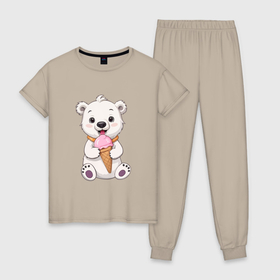 Женская пижама хлопок с принтом Полярный медведь с мороженым в Новосибирске, 100% хлопок | брюки и футболка прямого кроя, без карманов, на брюках мягкая резинка на поясе и по низу штанин | Тематика изображения на принте: 