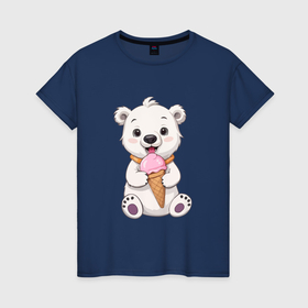 Женская футболка хлопок с принтом Полярный медведь с мороженым в Новосибирске, 100% хлопок | прямой крой, круглый вырез горловины, длина до линии бедер, слегка спущенное плечо | Тематика изображения на принте: 