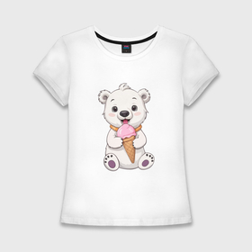 Женская футболка хлопок Slim с принтом Полярный медведь с мороженым в Петрозаводске,  |  | 