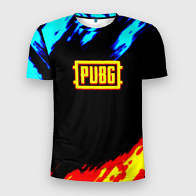 Мужская футболка 3D Slim с принтом PUBG краски огонь и лёд в Санкт-Петербурге, 100% полиэстер с улучшенными характеристиками | приталенный силуэт, круглая горловина, широкие плечи, сужается к линии бедра | 