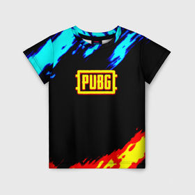 Детская футболка 3D с принтом PUBG краски огонь и лёд в Кировске, 100% гипоаллергенный полиэфир | прямой крой, круглый вырез горловины, длина до линии бедер, чуть спущенное плечо, ткань немного тянется | 