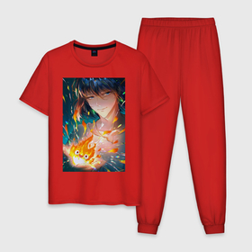 Мужская пижама хлопок с принтом Хаул Кальцифер в Петрозаводске, 100% хлопок | брюки и футболка прямого кроя, без карманов, на брюках мягкая резинка на поясе и по низу штанин
 | Тематика изображения на принте: 