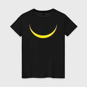 Женская футболка хлопок с принтом Желтый полумесяц улыбкой , 100% хлопок | прямой крой, круглый вырез горловины, длина до линии бедер, слегка спущенное плечо | 