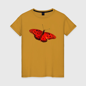 Женская футболка хлопок с принтом Красная бабочка с черными точками , 100% хлопок | прямой крой, круглый вырез горловины, длина до линии бедер, слегка спущенное плечо | 
