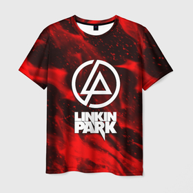 Мужская футболка 3D с принтом Linkin park красный огонь , 100% полиэфир | прямой крой, круглый вырез горловины, длина до линии бедер | 