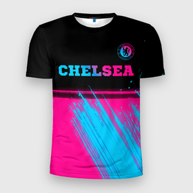 Мужская футболка 3D Slim с принтом Chelsea   neon gradient посередине в Петрозаводске, 100% полиэстер с улучшенными характеристиками | приталенный силуэт, круглая горловина, широкие плечи, сужается к линии бедра | 