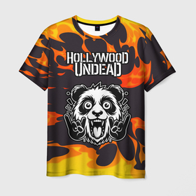 Мужская футболка 3D с принтом Hollywood Undead рок панда и огонь в Новосибирске, 100% полиэфир | прямой крой, круглый вырез горловины, длина до линии бедер | 
