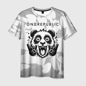 Мужская футболка 3D с принтом OneRepublic рок панда на светлом фоне , 100% полиэфир | прямой крой, круглый вырез горловины, длина до линии бедер | 