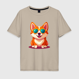 Мужская футболка хлопок Oversize с принтом Собака Корги в очках в Кировске, 100% хлопок | свободный крой, круглый ворот, “спинка” длиннее передней части | 