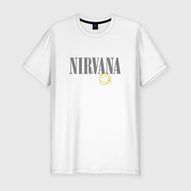 Мужская футболка хлопок Slim с принтом Nirvana logo smile в Белгороде, 92% хлопок, 8% лайкра | приталенный силуэт, круглый вырез ворота, длина до линии бедра, короткий рукав | 