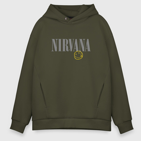 Мужское худи Oversize хлопок с принтом Nirvana logo smile в Курске, френч-терри — 70% хлопок, 30% полиэстер. Мягкий теплый начес внутри —100% хлопок | боковые карманы, эластичные манжеты и нижняя кромка, капюшон на магнитной кнопке | 