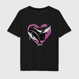 Мужская футболка хлопок Oversize с принтом Влюбленные киты и сердце в Петрозаводске, 100% хлопок | свободный крой, круглый ворот, “спинка” длиннее передней части | 