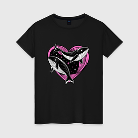 Женская футболка хлопок с принтом Влюбленные киты и сердце в Екатеринбурге, 100% хлопок | прямой крой, круглый вырез горловины, длина до линии бедер, слегка спущенное плечо | 