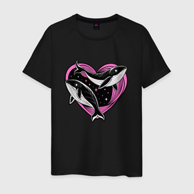 Мужская футболка хлопок с принтом Влюбленные киты и сердце в Екатеринбурге, 100% хлопок | прямой крой, круглый вырез горловины, длина до линии бедер, слегка спущенное плечо. | 