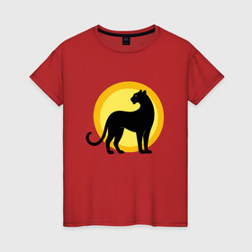 Женская футболка хлопок с принтом Черная пантера на фоне солнца , 100% хлопок | прямой крой, круглый вырез горловины, длина до линии бедер, слегка спущенное плечо | 