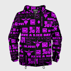Мужская ветровка 3D с принтом Bon Jovi neon pink rock в Курске, 100% полиэстер | подол и капюшон оформлены резинкой с фиксаторами, два кармана без застежек по бокам, один потайной карман на груди | 
